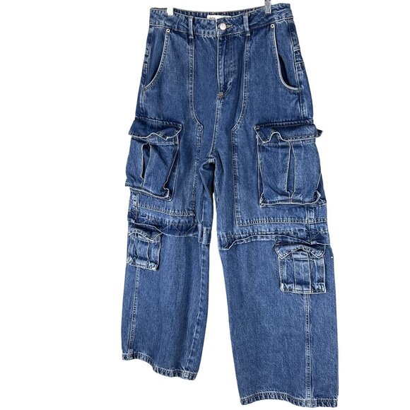 Zara Womens 6 Baggy Hi Rise Wide Leg Utility Multi Pocket Cargo Blue Denim - Picture 9 of 16